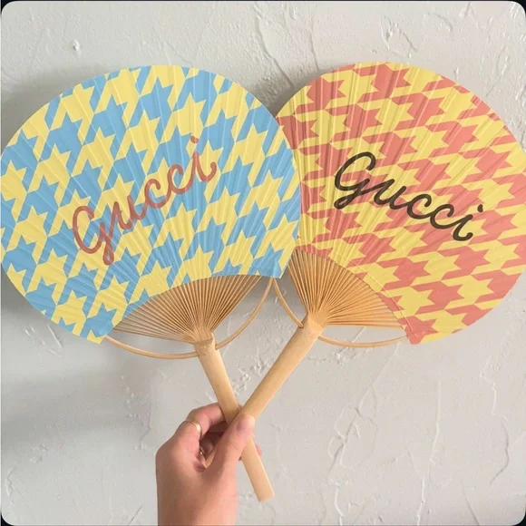 Gucci Houndstooth Patterned Bamboo Paper Fans Blue Yellow Peach Pink Summer Hues